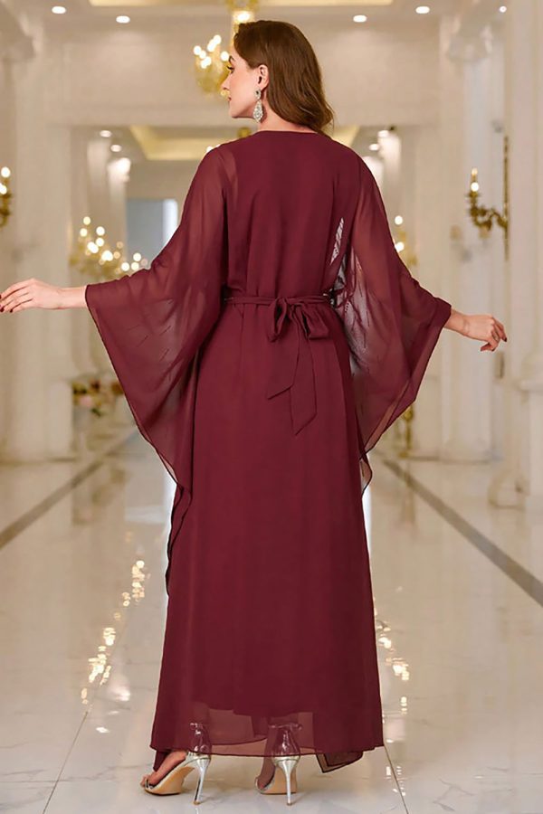 Sparkly Burgundy Chiffon Maxi Dress with Flared Sleeves - Image 2
