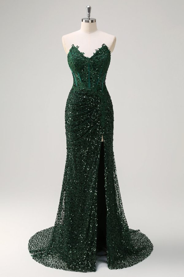 Sparkly Dark Green Strapless Ruched Corset Prom Dress - Image 3