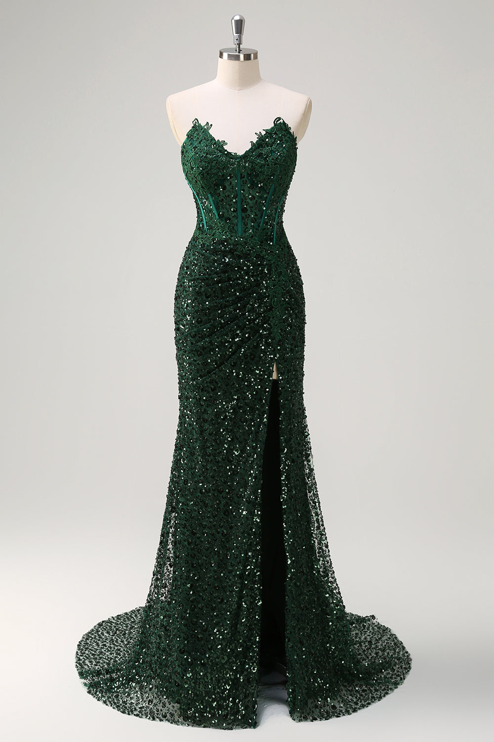 Sparkly Dark Green Strapless Ruched Corset Prom Dress - Image 3