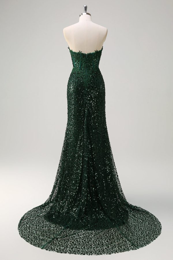 Sparkly Dark Green Strapless Ruched Corset Prom Dress - Image 4