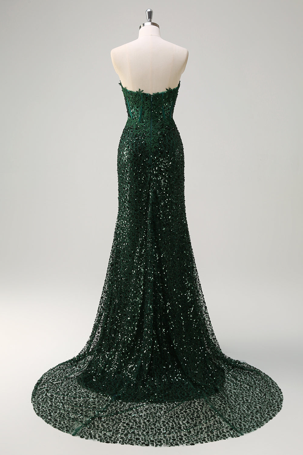 Sparkly Dark Green Strapless Ruched Corset Prom Dress - Image 4