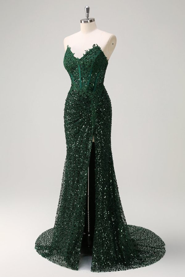 Sparkly Dark Green Ruched Corset Floor Length Prom Dress with Slit - Image 5