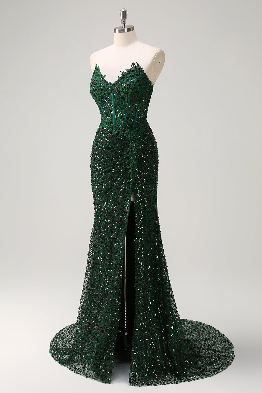 Sparkly Dark Green Ruched Corset Floor Length Prom Dress with Slit - Image 5