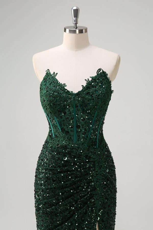 Sparkly Dark Green Ruched Corset Floor Length Prom Dress with Slit - Image 6