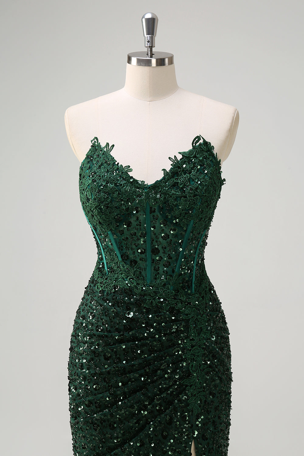 Sparkly Dark Green Ruched Corset Floor Length Prom Dress with Slit - Image 6