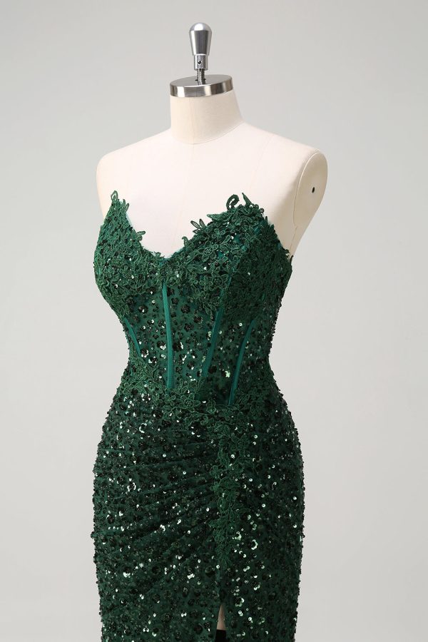 Sparkly Dark Green Ruched Corset Floor Length Prom Dress with Slit - Image 8