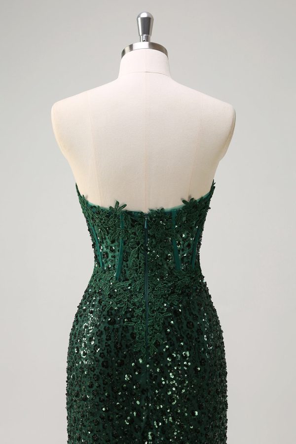 Sparkly Dark Green Ruched Corset Floor Length Prom Dress with Slit - Image 7