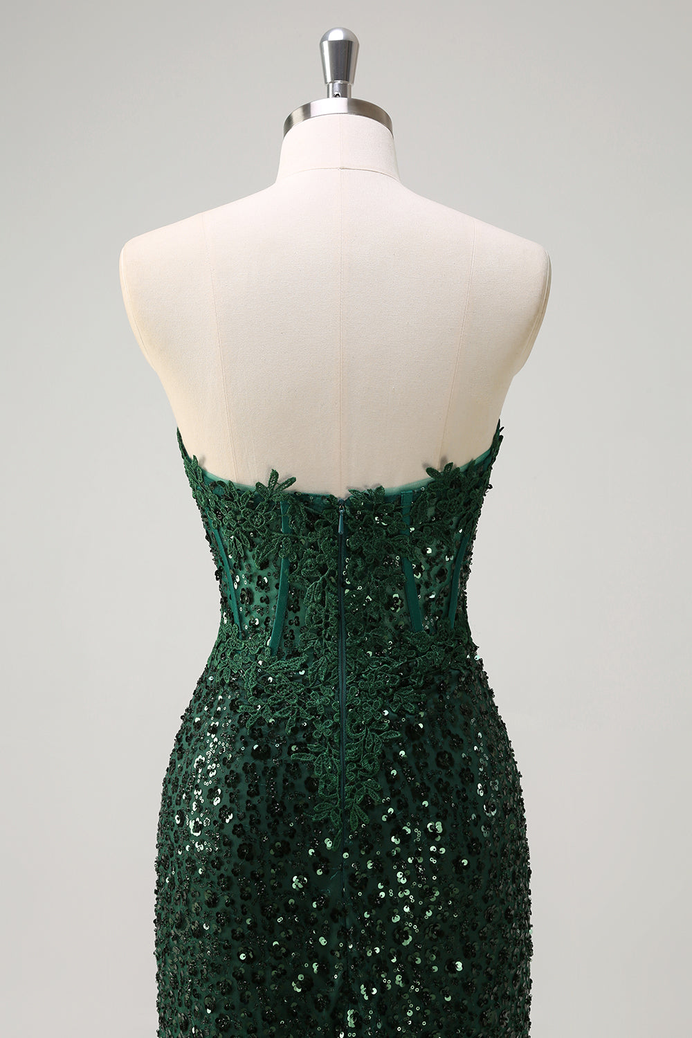 Sparkly Dark Green Ruched Corset Floor Length Prom Dress with Slit - Image 7