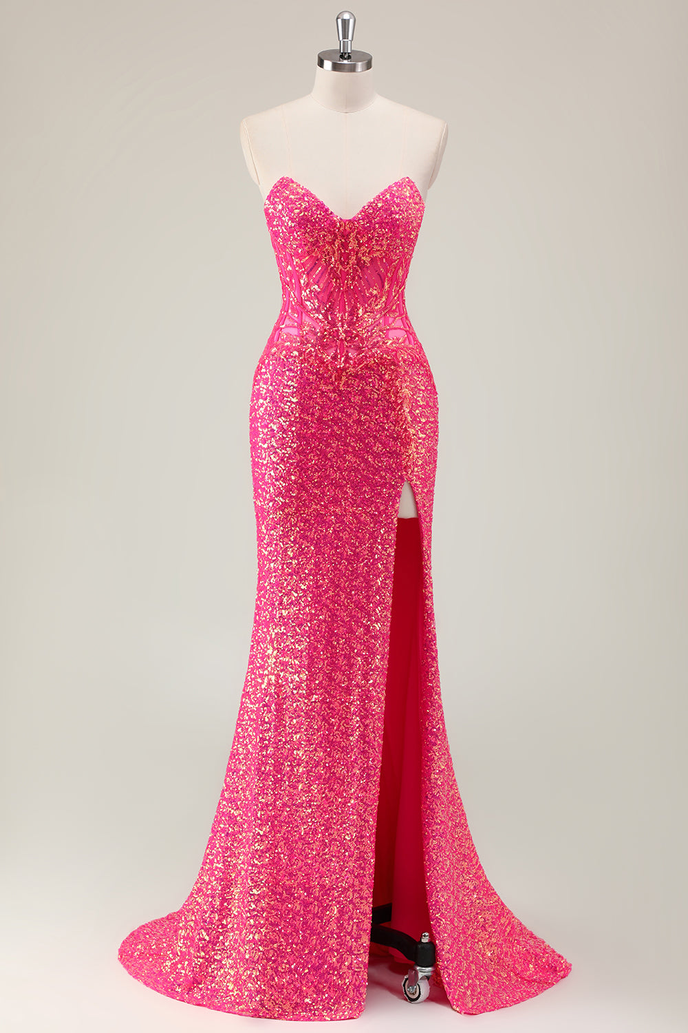 Sparkly Fuchsia Strapless Mermaid Corset Prom Dress with Slit - Image 1