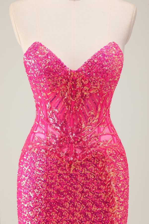 Sparkly Fuchsia Strapless Mermaid Corset Prom Dress with Slit - Image 4