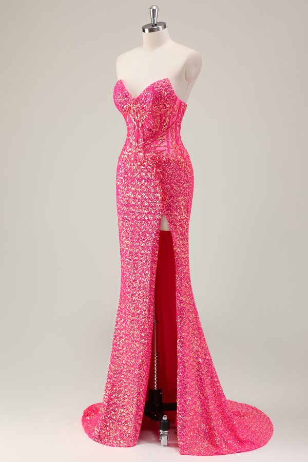 Sparkly Fuchsia Strapless Mermaid Corset Prom Dress with Slit - Image 3