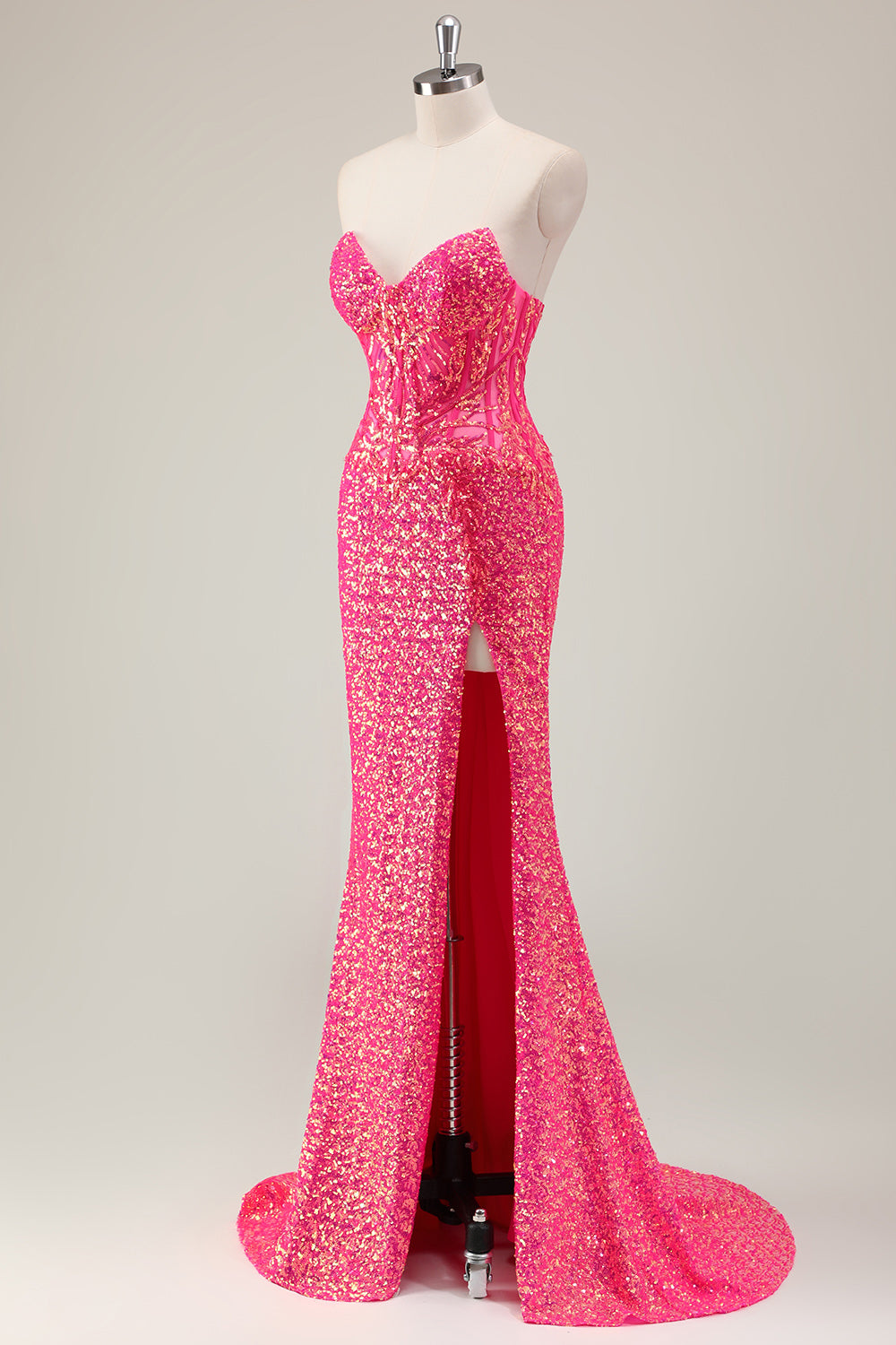 Sparkly Fuchsia Strapless Mermaid Corset Prom Dress with Slit - Image 3