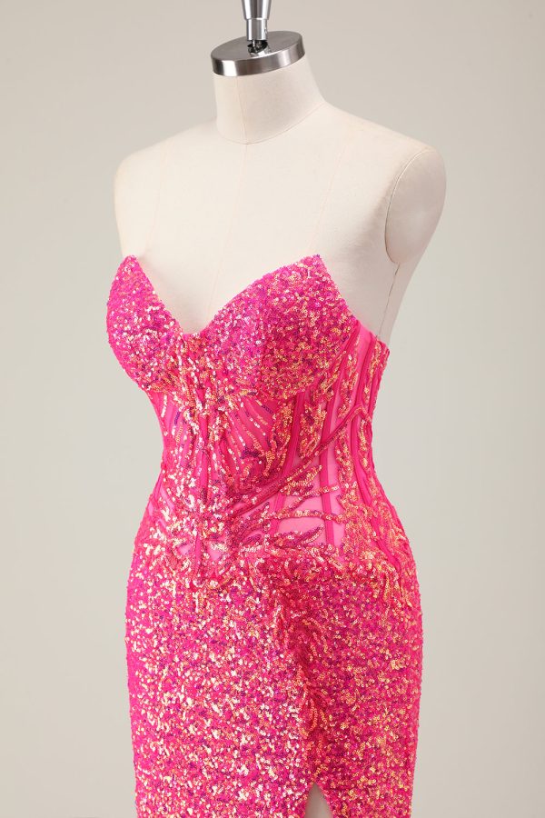 Sparkly Fuchsia Strapless Mermaid Corset Prom Dress with Slit - Image 6