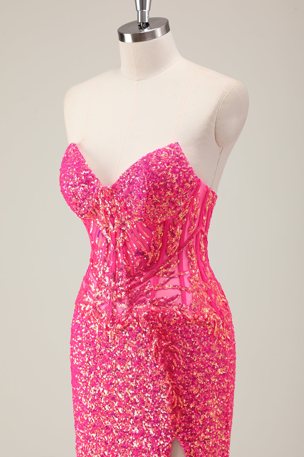 Sparkly Fuchsia Strapless Mermaid Corset Prom Dress with Slit - Image 6