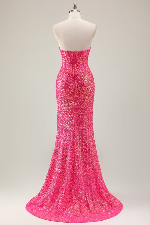 Sparkly Fuchsia Strapless Mermaid Corset Prom Dress with Slit - Image 2
