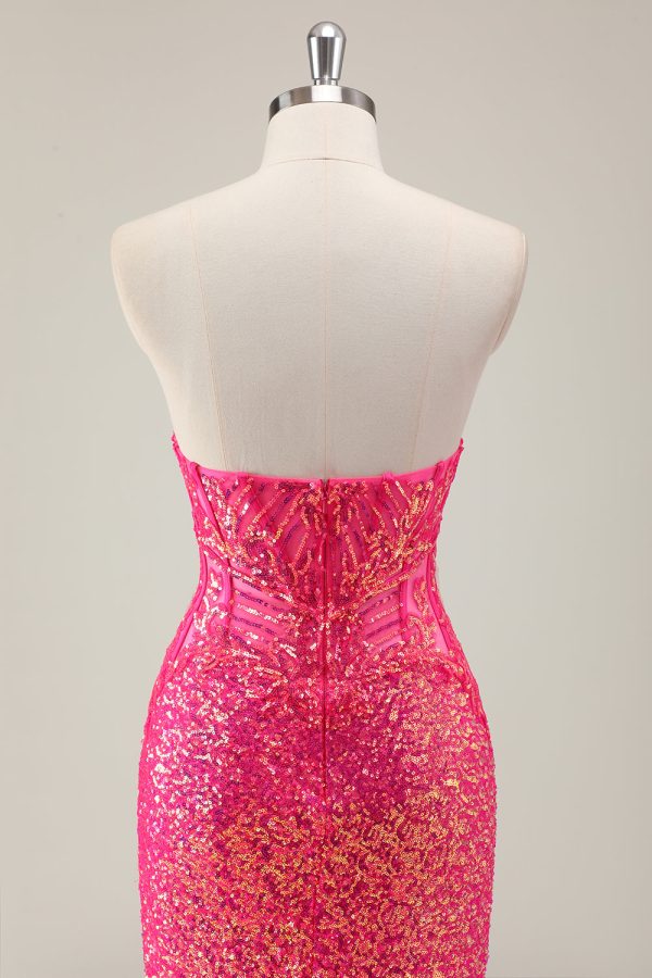 Sparkly Fuchsia Strapless Mermaid Corset Prom Dress with Slit - Image 5