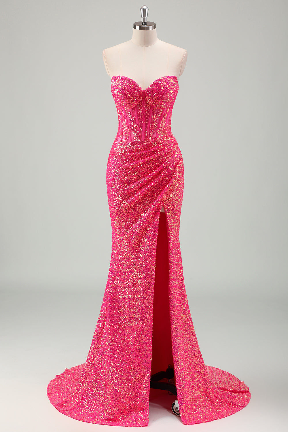 Sparkly Fuchsia Ruched Mermaid Floor Length Prom Dress with Slit - Image 1