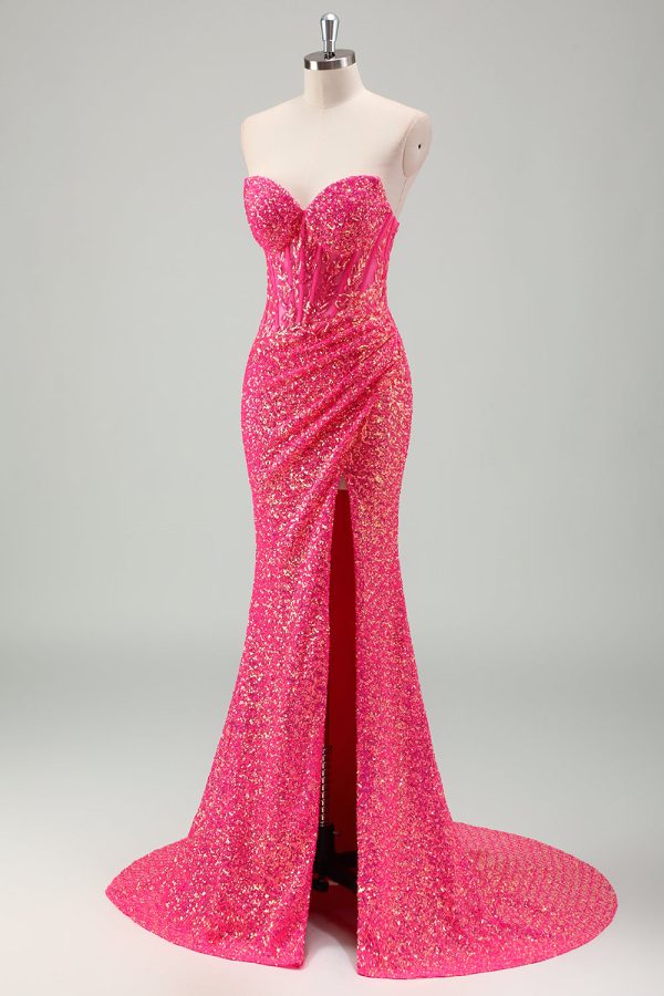Sparkly Fuchsia Ruched Mermaid Floor Length Prom Dress with Slit - Image 3