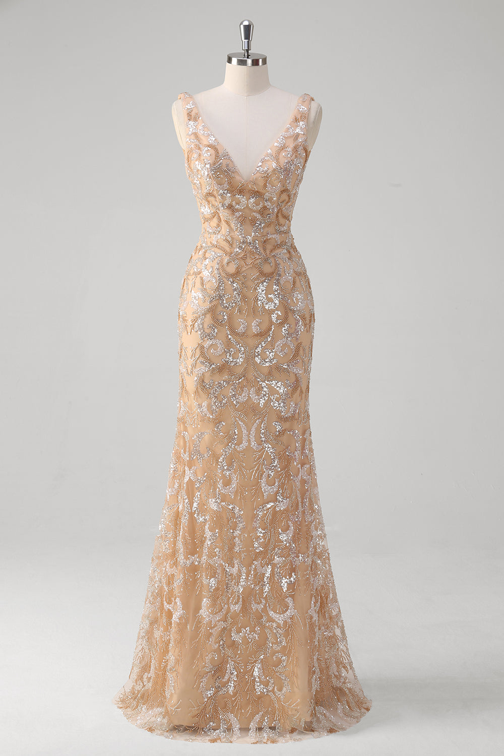 Sparkly Champagne Sequined V Neck Backless Prom Dress - Image 1