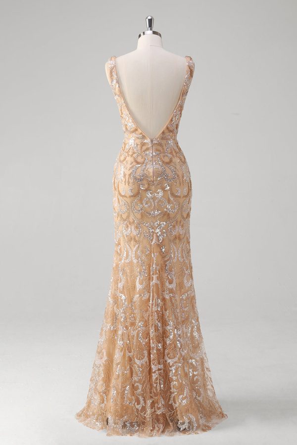 Sparkly Champagne Sequined V Neck Backless Prom Dress - Image 2