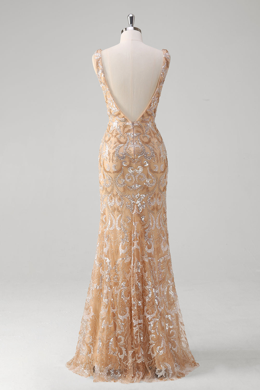 Sparkly Champagne Sequined V Neck Backless Prom Dress - Image 2