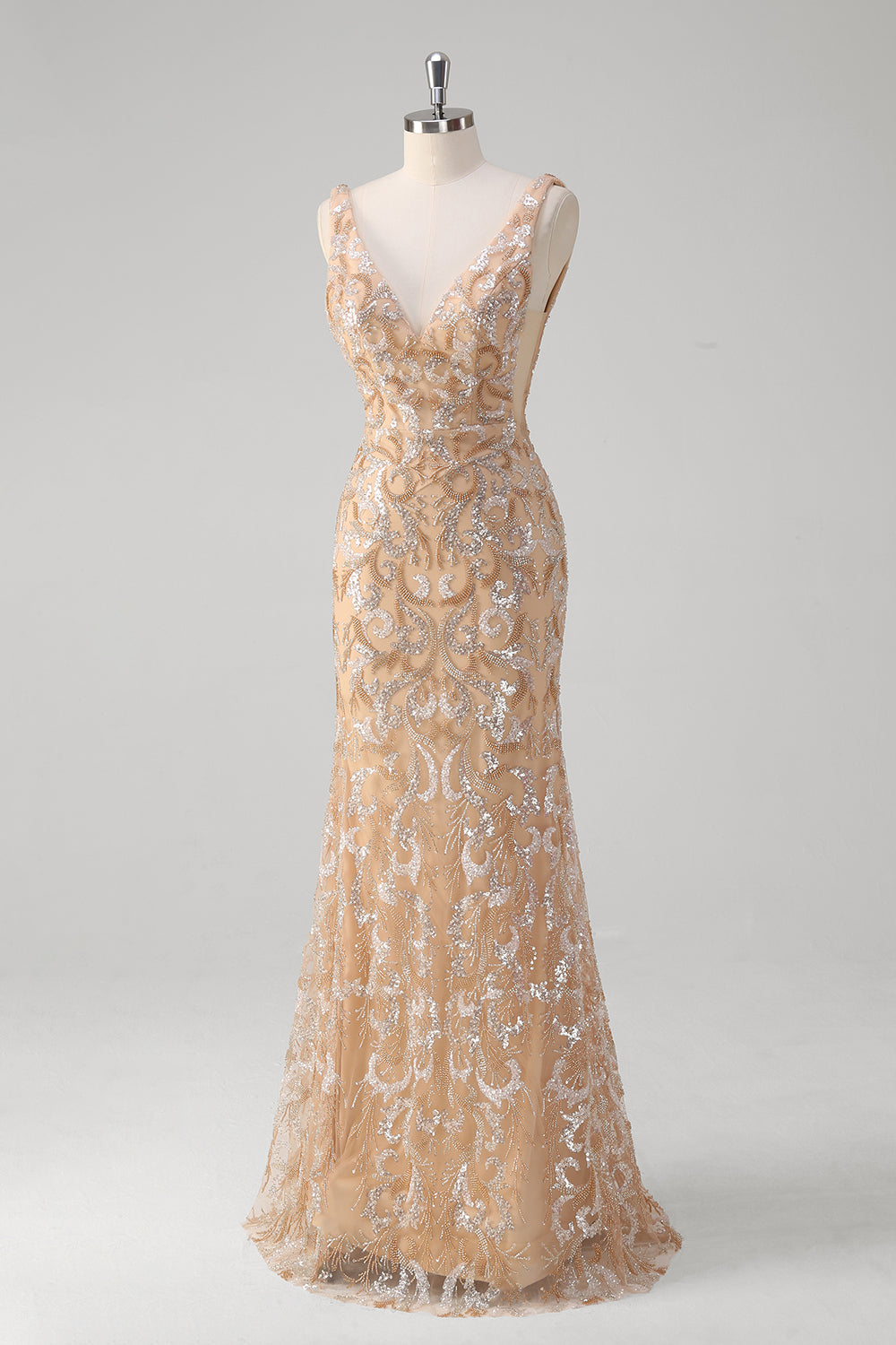 Sparkly Champagne Sequined V Neck Backless Prom Dress - Image 3