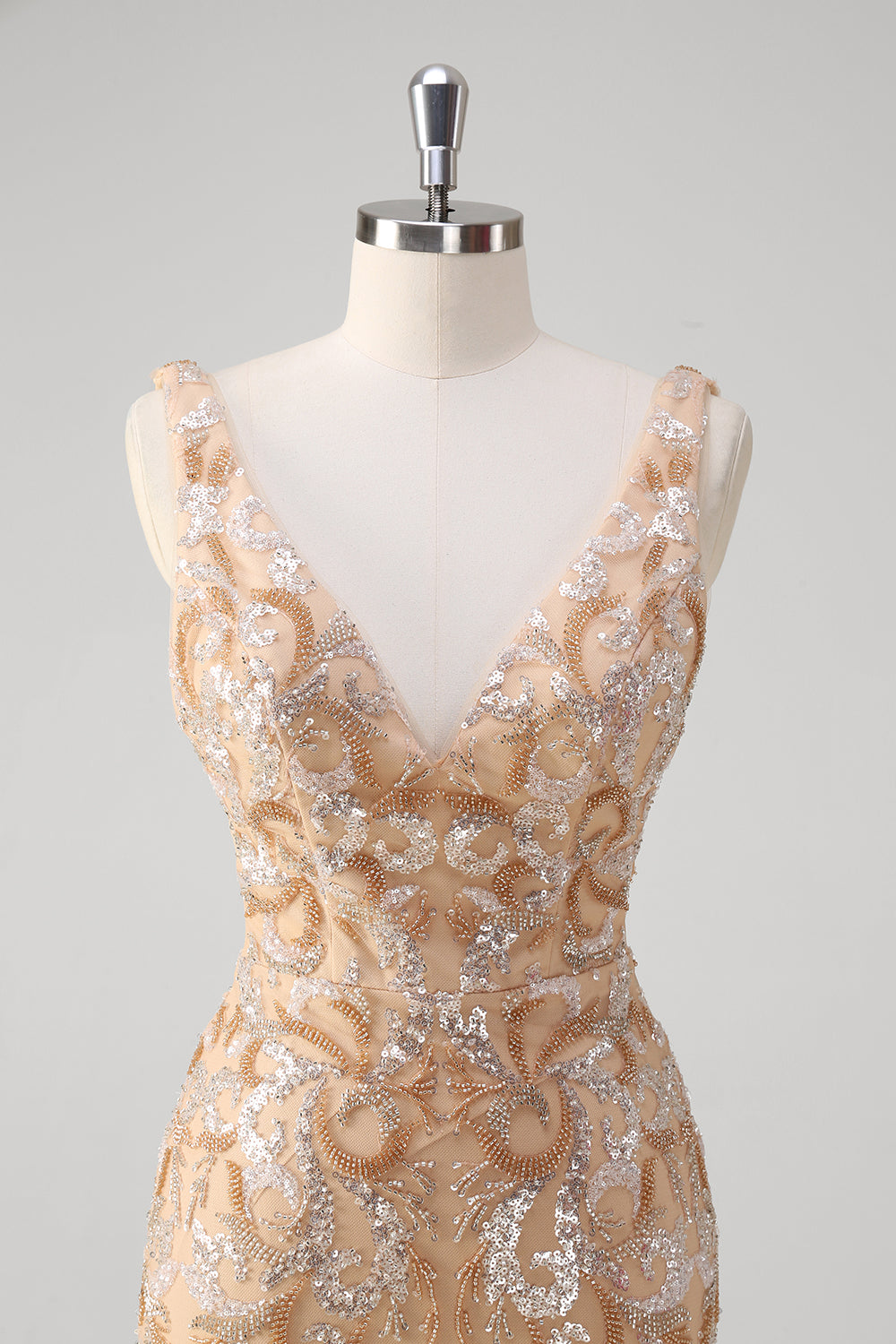 Sparkly Champagne Sequined V Neck Backless Prom Dress - Image 4