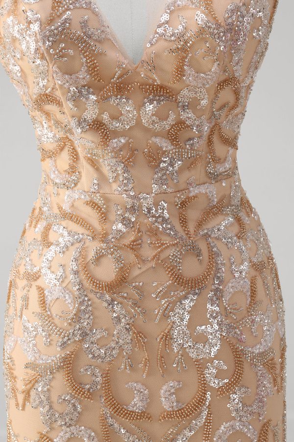 Sparkly Champagne Sequined V Neck Backless Prom Dress - Image 7