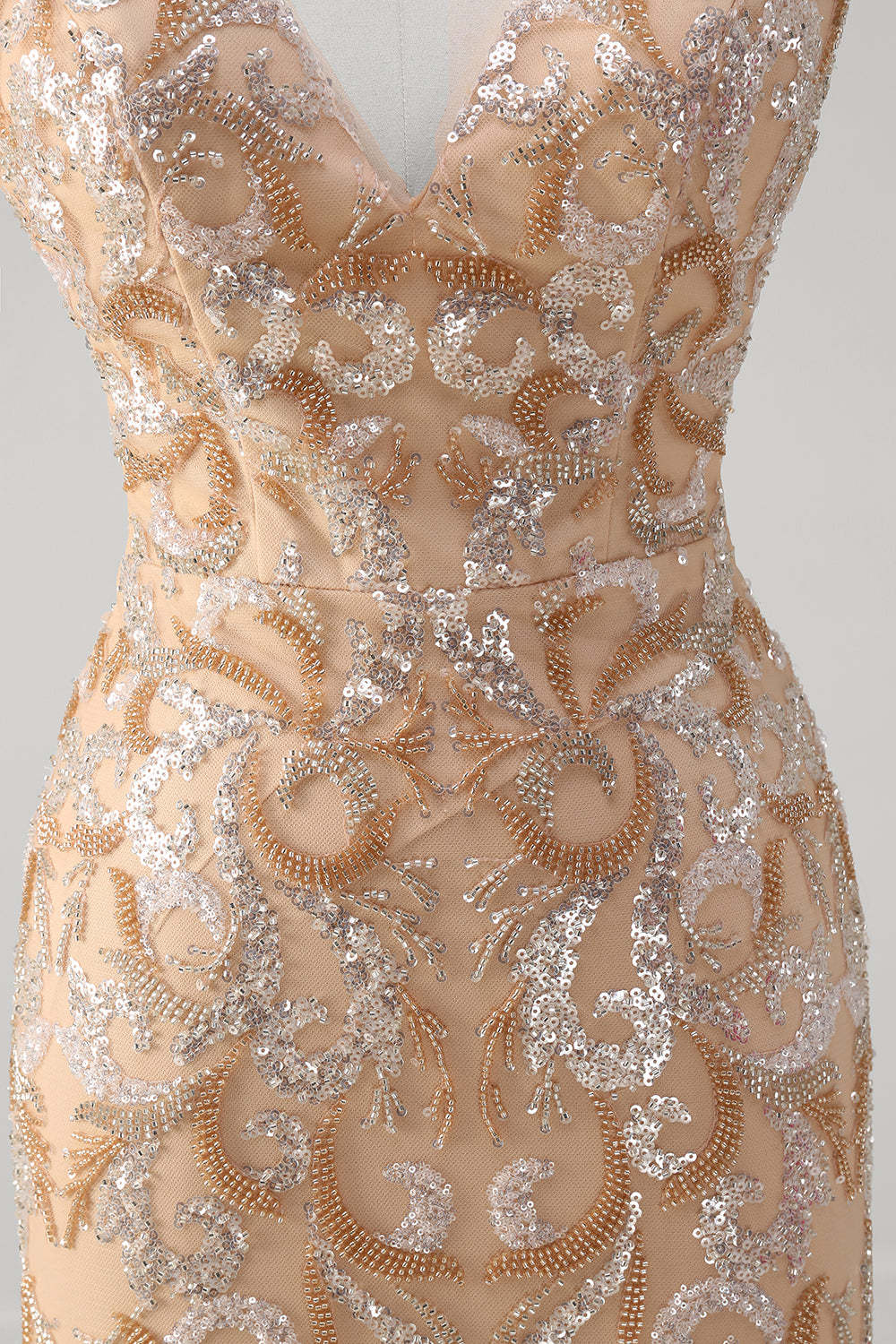 Sparkly Champagne Sequined V Neck Backless Prom Dress - Image 7
