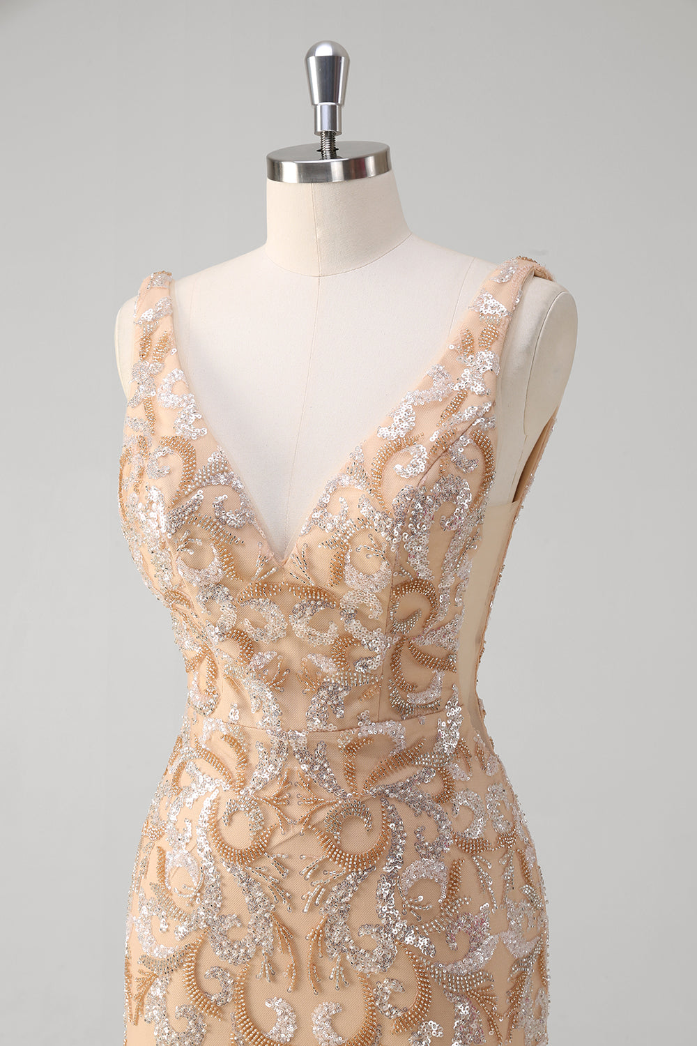 Sparkly Champagne Sequined V Neck Backless Prom Dress - Image 6