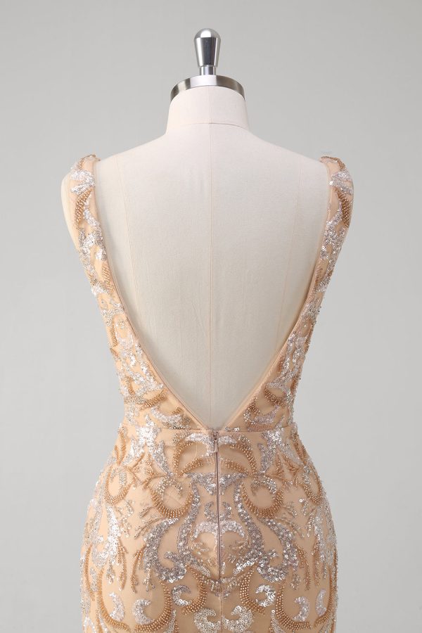 Sparkly Champagne Sequined V Neck Backless Prom Dress - Image 5