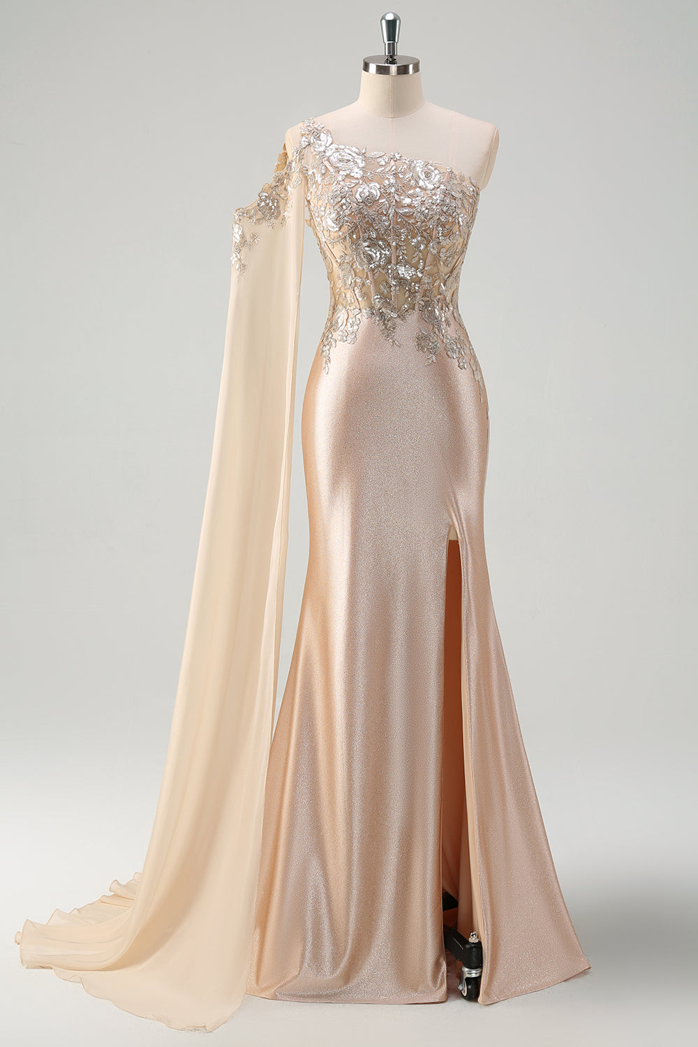 Sparkly Champagne Satin One Shoulder Mermaid Prom Dress with Slit - Image 1