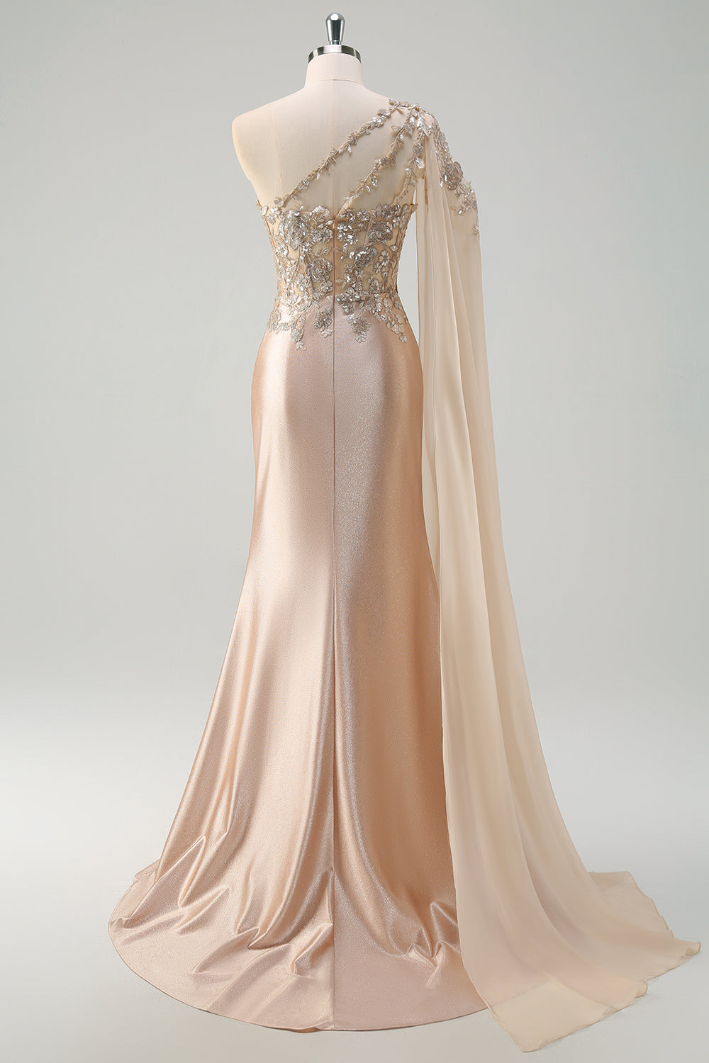 Sparkly Champagne Satin One Shoulder Mermaid Prom Dress with Slit - Image 2