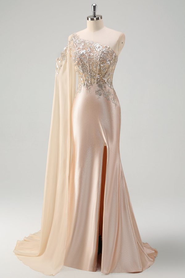 Sparkly Champagne Satin One Shoulder Mermaid Prom Dress with Slit - Image 3