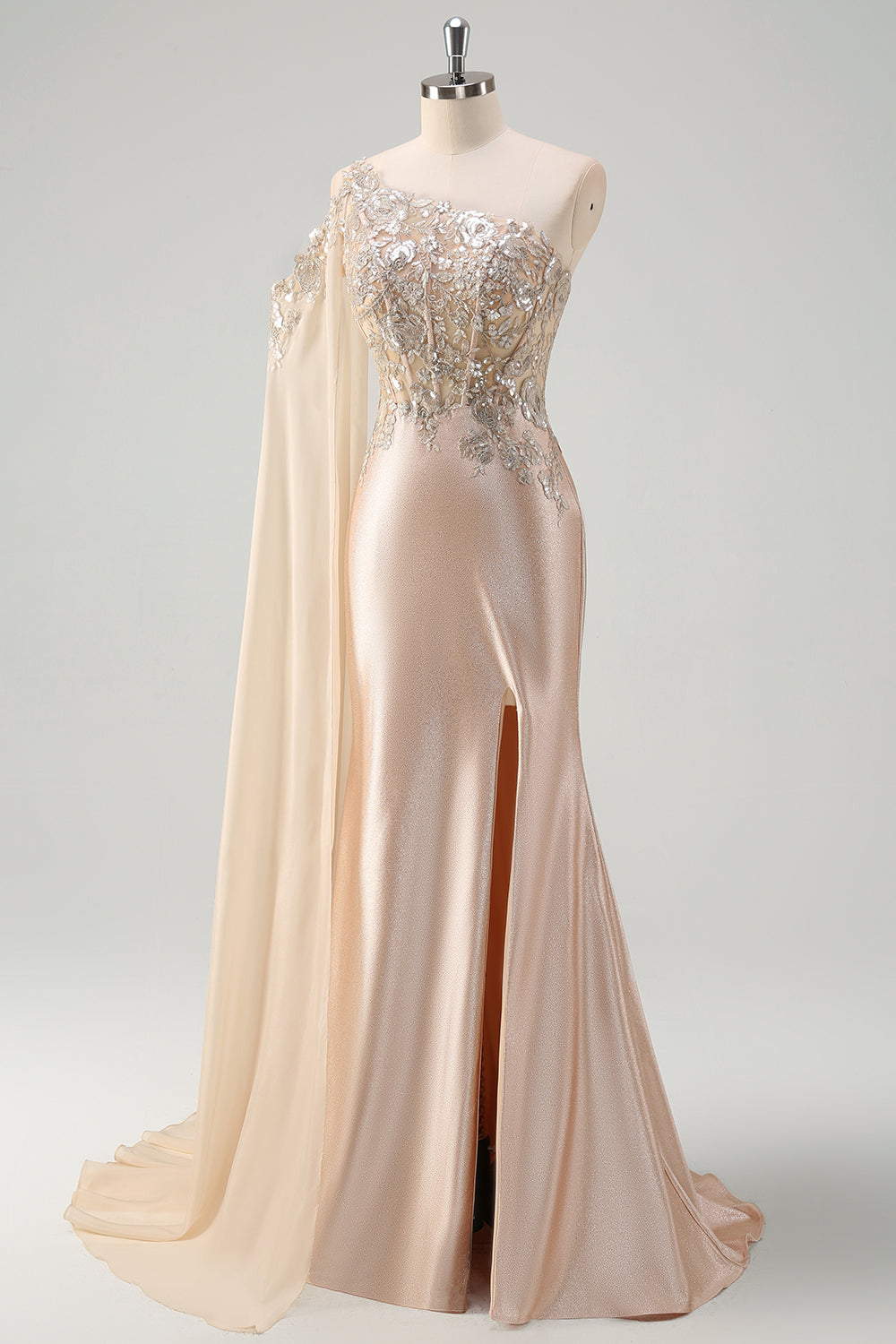 Sparkly Champagne Satin One Shoulder Mermaid Prom Dress with Slit - Image 3
