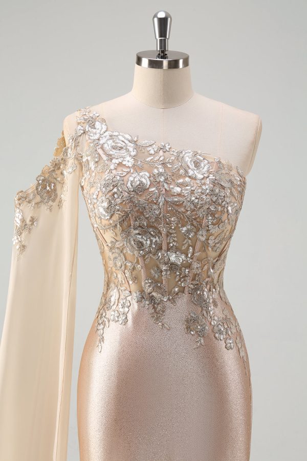 Sparkly Champagne Satin One Shoulder Mermaid Prom Dress with Slit - Image 4