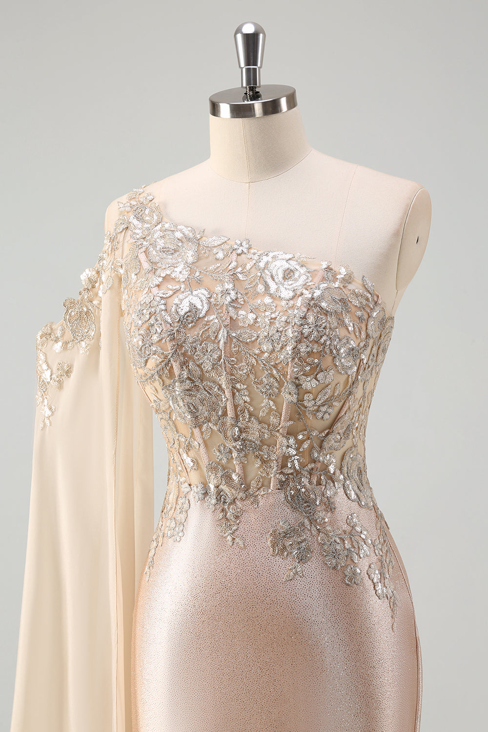Sparkly Champagne Satin One Shoulder Mermaid Prom Dress with Slit - Image 6
