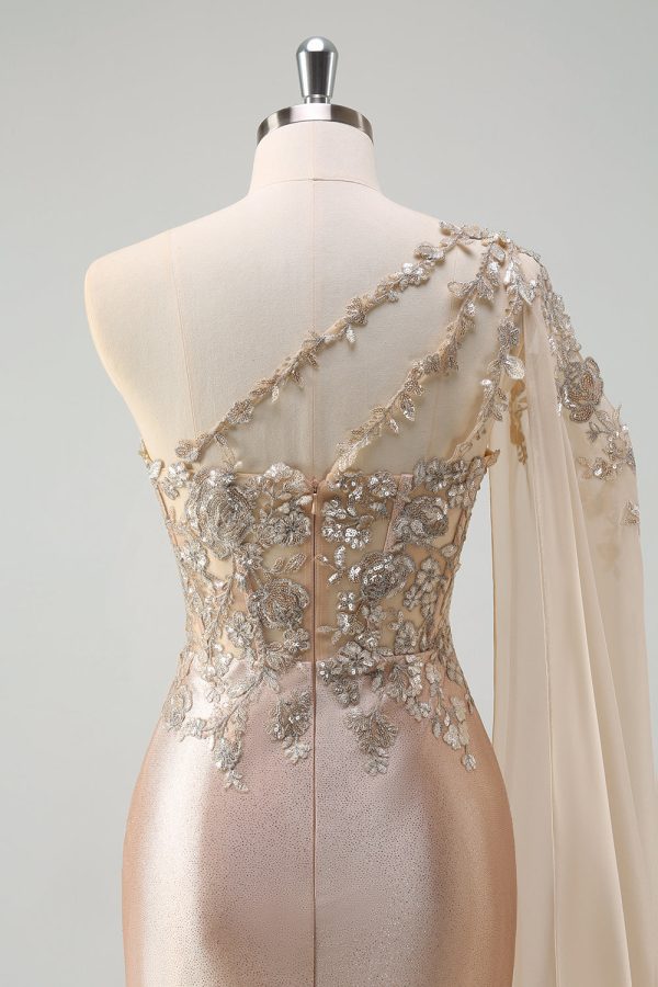 Sparkly Champagne Satin One Shoulder Mermaid Prom Dress with Slit - Image 5
