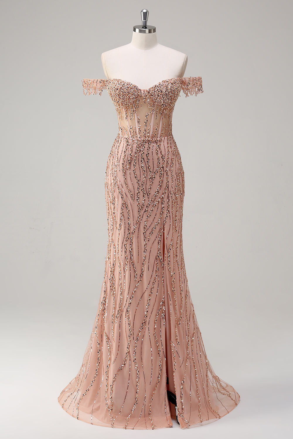 Sparkly Dusty Rose Mermaid Off the Shoulder Long Prom Dress with Slit - Image 1