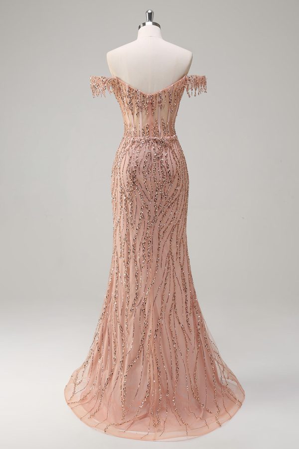Sparkly Dusty Rose Mermaid Off the Shoulder Long Prom Dress with Slit - Image 2