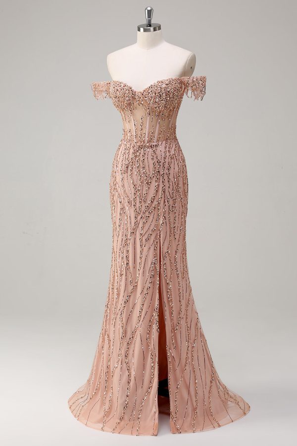 Sparkly Dusty Rose Mermaid Off the Shoulder Long Prom Dress with Slit - Image 3