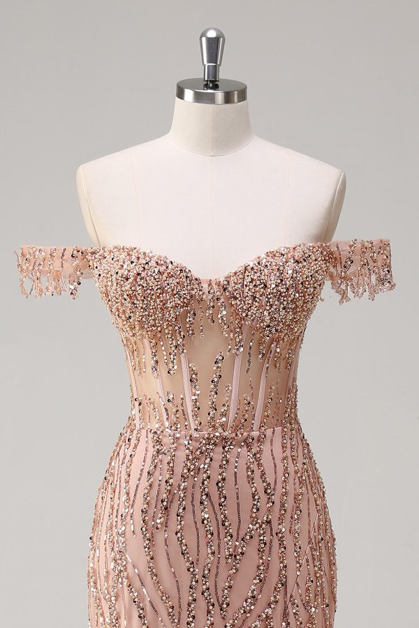 Sparkly Dusty Rose Mermaid Off the Shoulder Long Prom Dress with Slit - Image 4