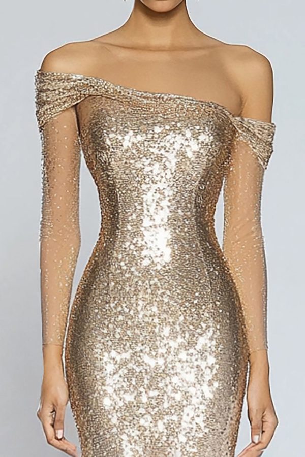 Sparkly Champagne Mermaid Off the Shoulder Sequins Long Formal Dress - Image 2