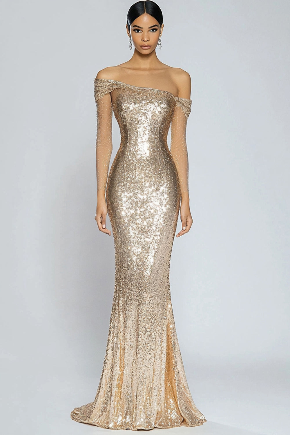Sparkly Champagne Mermaid Off the Shoulder Sequins Long Formal Dress - Image 1