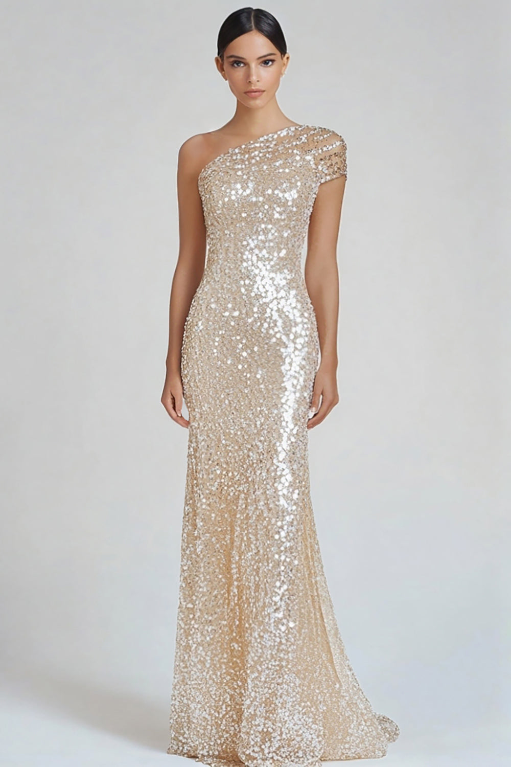 Sparkly Champagne Mermaid One Shoulder Formal Dress with Sequins - Image 1