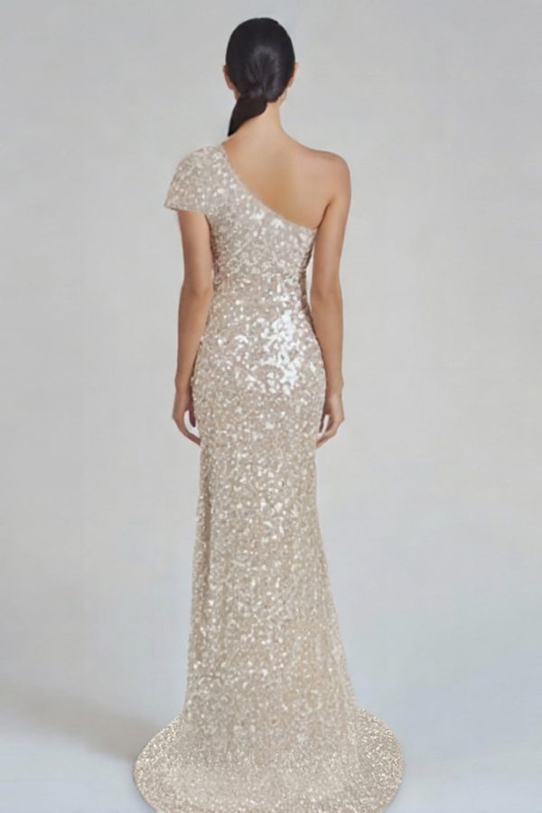 Sparkly Champagne Mermaid One Shoulder Formal Dress with Sequins - Image 2