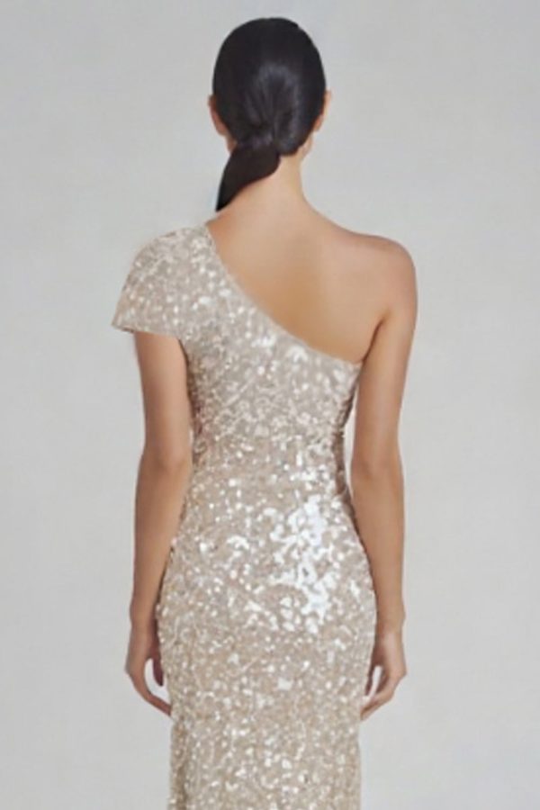 Sparkly Champagne Mermaid One Shoulder Formal Dress with Sequins - Image 5