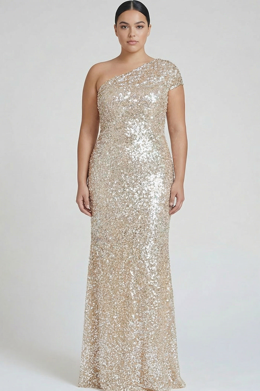 Sparkly Champagne One Shoulder Plus Size Formal Dress - Image 1