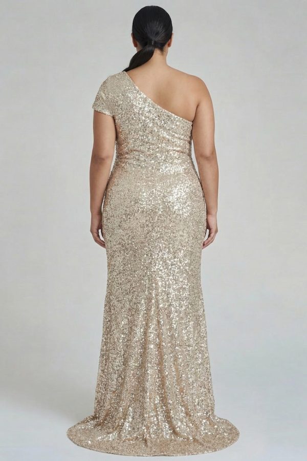 Sparkly Champagne One Shoulder Plus Size Formal Dress - Image 2