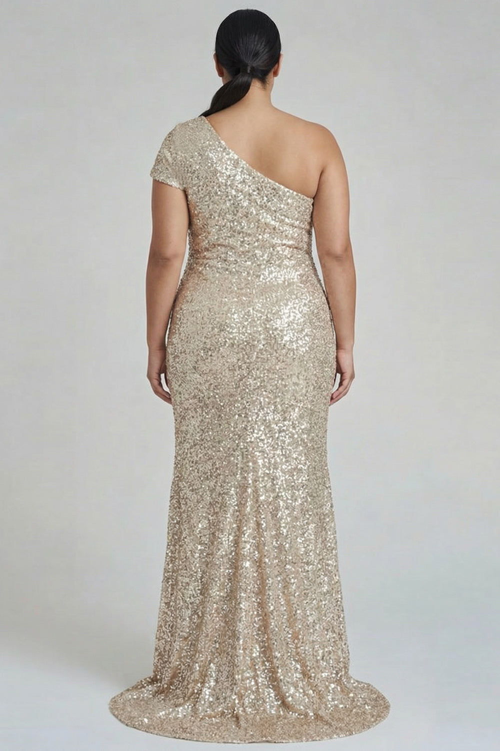 Sparkly Champagne One Shoulder Plus Size Formal Dress - Image 2